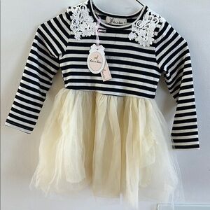 nwt , Black and White Striped Dress with Cream Tulle Skirt
